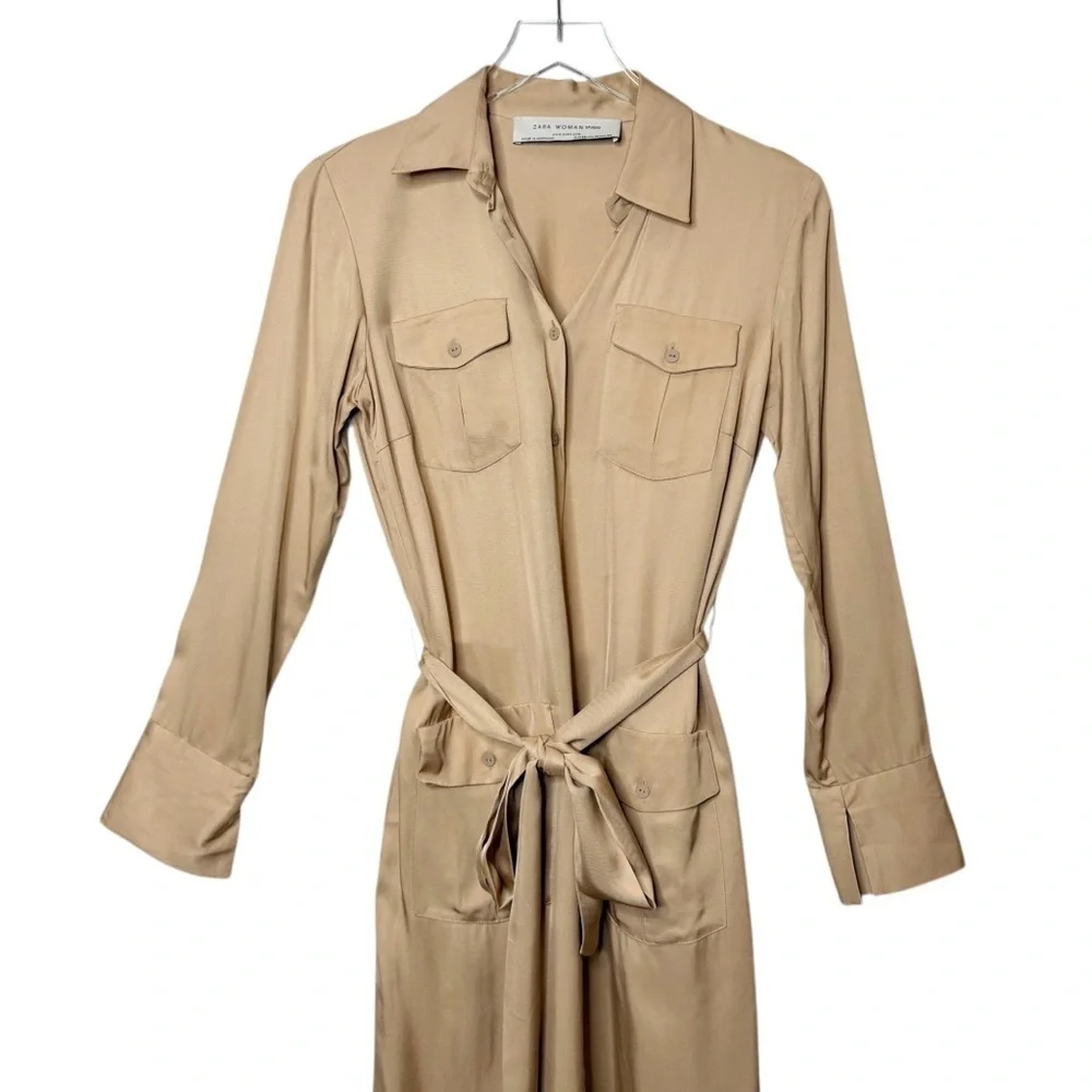 Zara Studio Safari Shirt Dress Tan Midi Belted Utility Quiet Luxury Sz XS